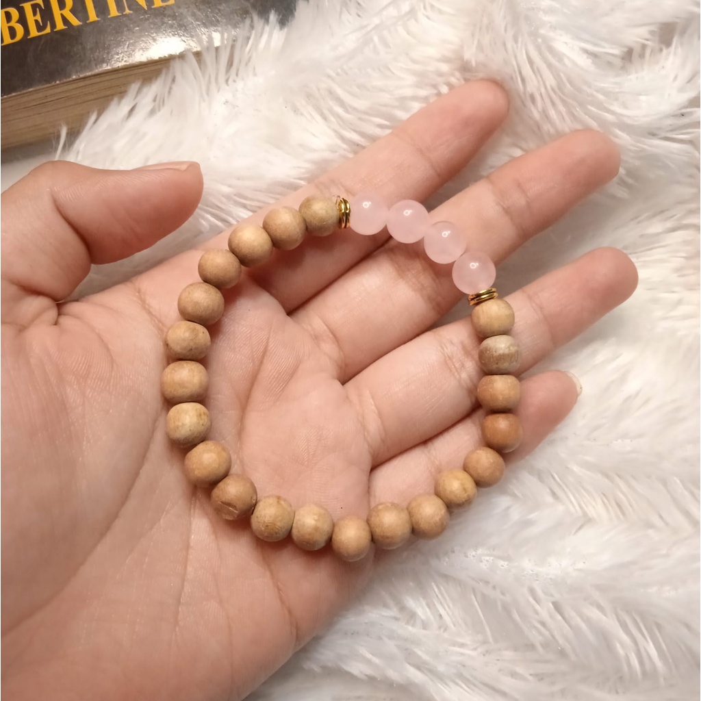 Gelang Batu Original Handmade Kayu Cendana Kombinasi Batu Alam Rose Quart