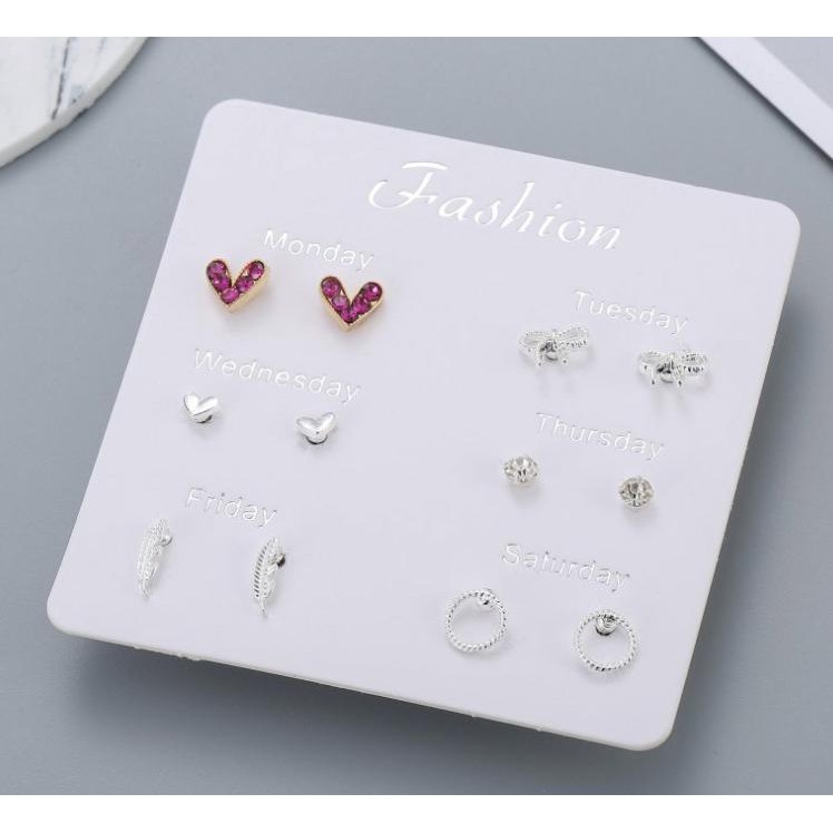 ACC072 Anting One week Korea simple creative earrings box of 6 pairs 10gr-3
