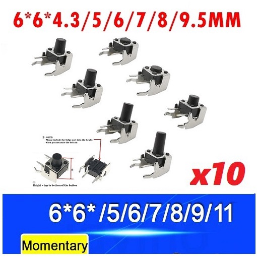 10 PCS Seri BA Tact Switch Siku Push Button 2 Pin Right Angle 6x6x5/7.5/9/11mm Isi 10 buah