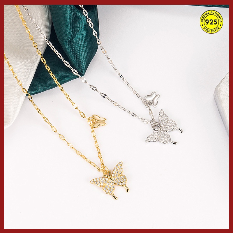 Kalung Rantai Klavikula Lapis Emas 18K Desain Kupu-Kupu Aksen Berlian Bahan S925 Silver Untuk Wanita