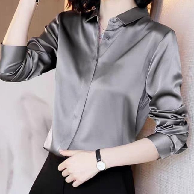 Atasan Kemeja Satin Silk Wanita Formal Casual Shirt Import BM