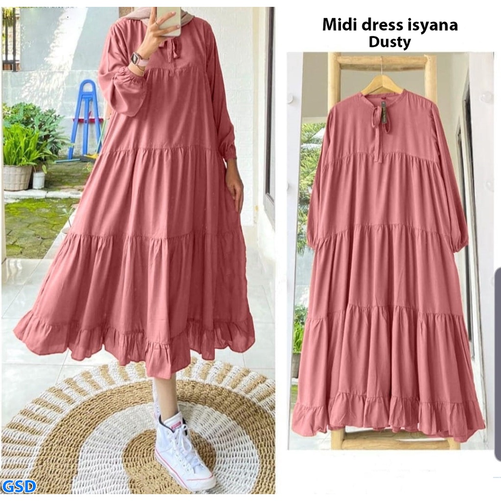 Midi Dress Isyana/ Dress Susun Rempel Wanita Muslim/ Gamis Busui Friendly / OOTD Maxi Dress Moscrepe PREMIUM / Midi Dress JUMBO