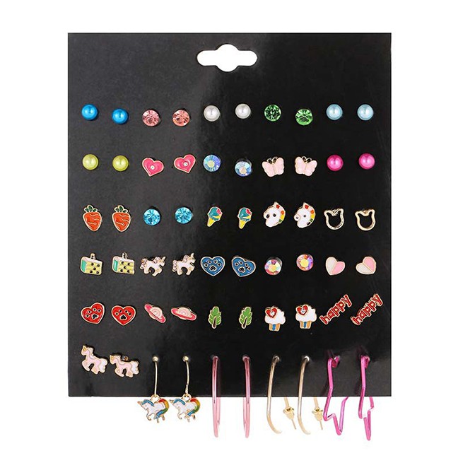 LRC Anting Set Fashion Color Mixing Unicorn Pearl Diamond Love Alloy Stud Earring Set 30 Pairs D9414