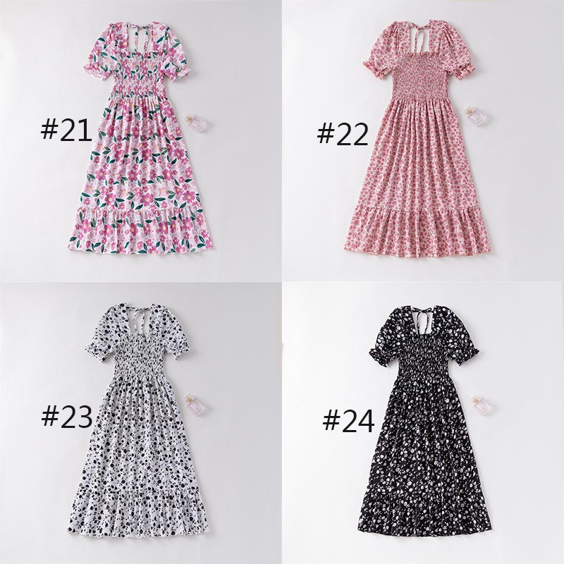 gaun kasual musim panas kerah persegi lengan pendek floral lipit smocked dress dengan dasi belakang