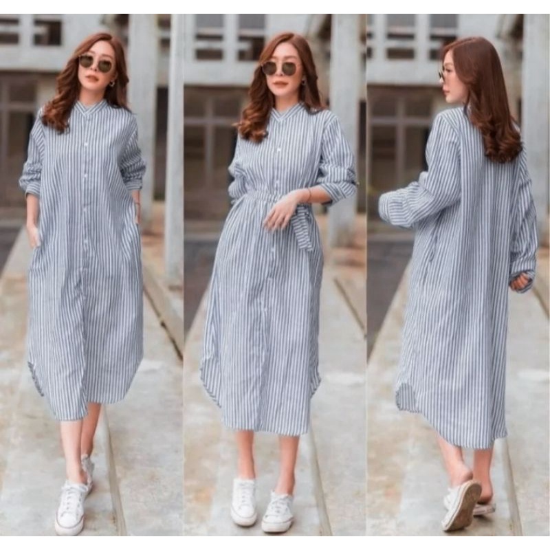 Cassandra Midi Dress// Dress Stripe Wanita Terbaru// Dress Full Kancing Kekinian// Lengan Panjang Tali Pinggang Terpisah// Bisa COD