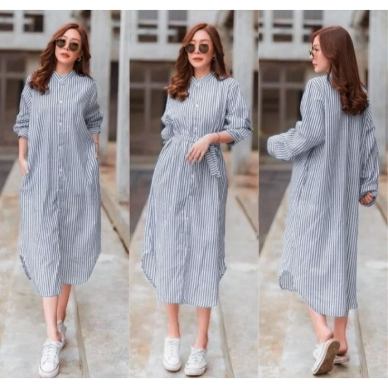 Cassandra Midi Dress// Dress Stripe Wanita Terbaru// Dress Full Kancing Kekinian// Lengan Panjang Tali Pinggang Terpisah// Bisa COD