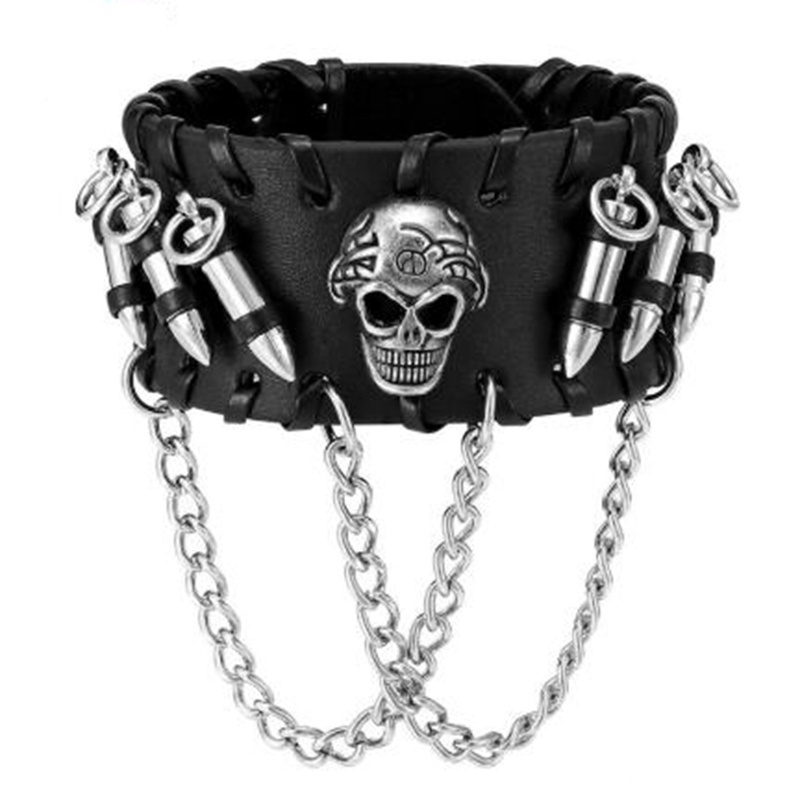 Gelang Rantai Adjustable Desain Tengkorak Bahan Kulit Warna Hitam Gaya Punk Rock Gothic Untuk Pria