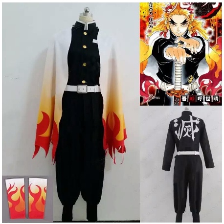 FULLSET KYOJURO RENGOKU KIMETSU NO YAIBA COSTUME COSPLAY YUKATA KIMONO MOTIF PRINTING