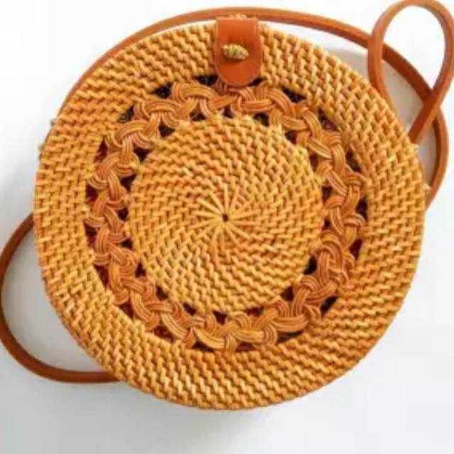 TAS ROTAN WANITA SELEMPANG MURAH TAS ROTAN CEWEK COKLAT GENDIT/GENDIS SIZE 20 CM