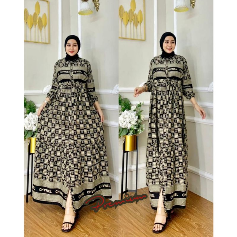 baju muslimah gamis voskose full kancing depan motif kotak tali belakang