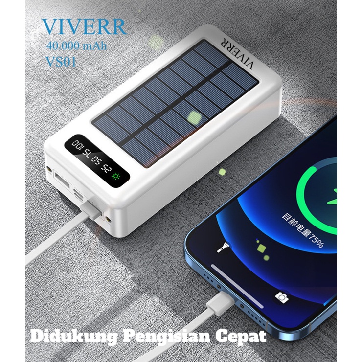 Powerbank VIVERR VS02 kapasitas 40.000mah menggunakan solar matahari 2in 1 real kapasitas garansi 1tahun.