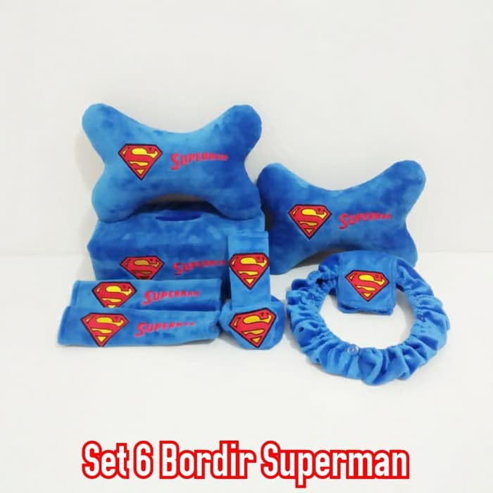 SET BANTAL HEADREST SANDARAN KEPALA JOK LEHER MOBIL BONEKA SUPERMAN BIRU 6 P