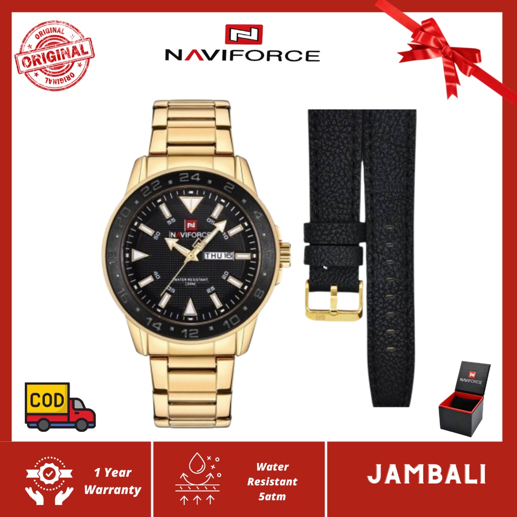 Jam Tangan Pria rantai gold Naviforce 9109 Original bonus Strap Kulit