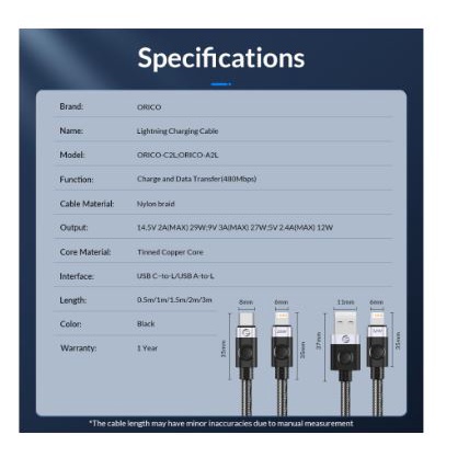 Cable charger Usb A to lightning orico 0.5m 50cm 12w 2.4A 480Mbps fast charging aluminum braided A2L-05 - Kabel data iphone ipad 0.5 meter