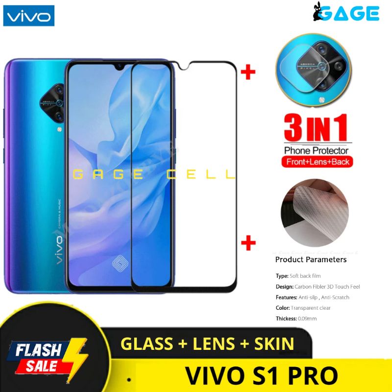 PROMO 3IN1 TEMPERED GLASS LAYAR KAMERA SKIN CARBON VIVO S1 PRO S1PRO TG ANTI GORES FULL SCREEN GUARD