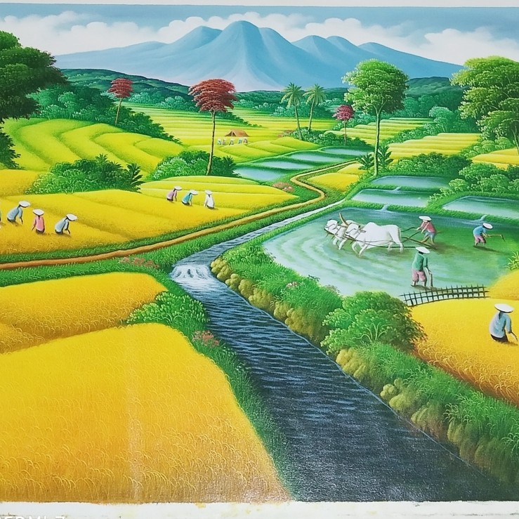 Lukisan Pemandangan Panen Padi dengan Gerobak Sapi yang sangat Indah - Pemandangan Terhampar Luas