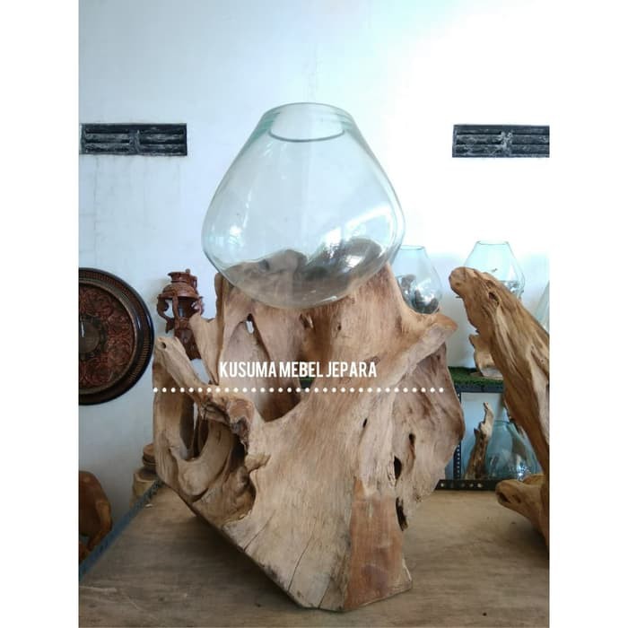 Pot Kaca Hias Kayu Jati Erosi Kode 003 B (Tinggi 65cm)