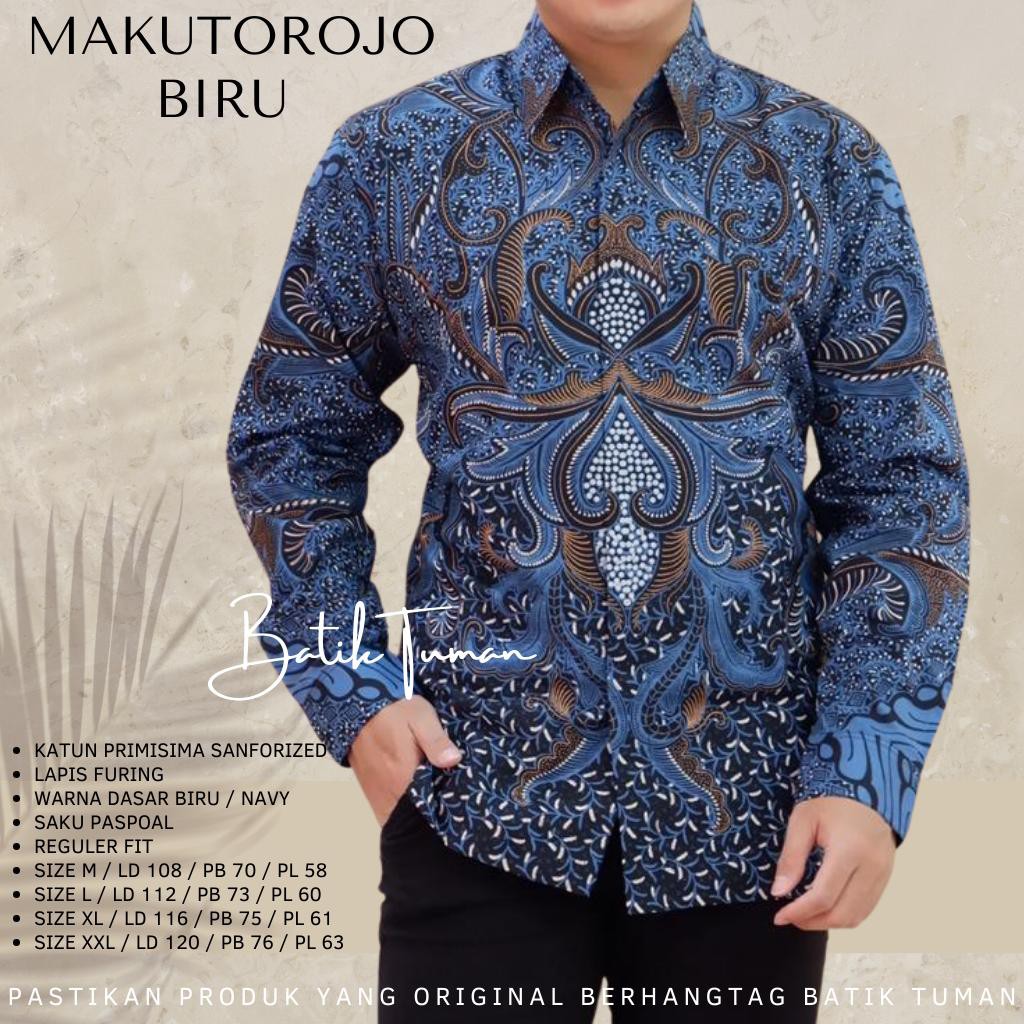 MAKUTOROJO BIRU Kemeja Batik Pria Lengan Panjang Katun Halus FULL FURING TUMAN