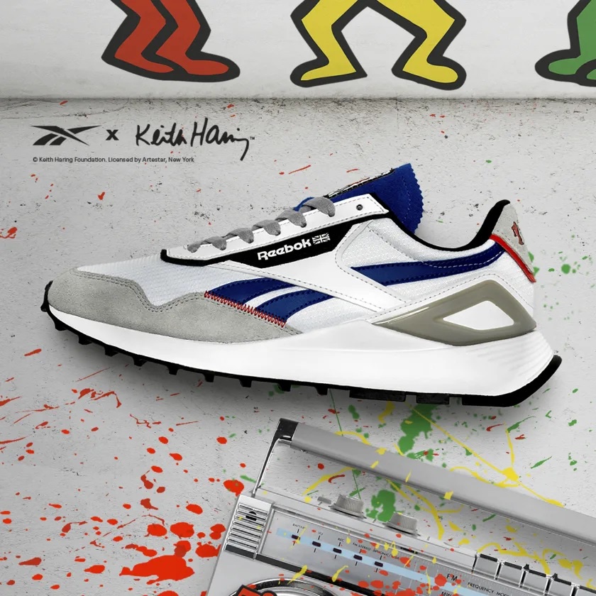 SEPATU RUNNING SNEAKERS REEBOK CLASSIC CL LEATHER LEGACY KEITH HARING GREY WHITE BLUE BLACK ORIGINAL