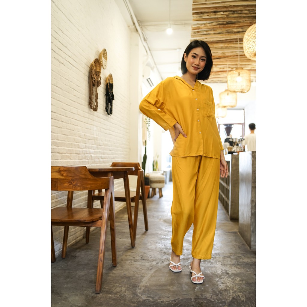 PP EMILY SETELAN - PIYAMA RAYON - BAJU TIDUR - PIYAMA WANITA - PAJAMAS  - HOMEWEAR-MUSTARD