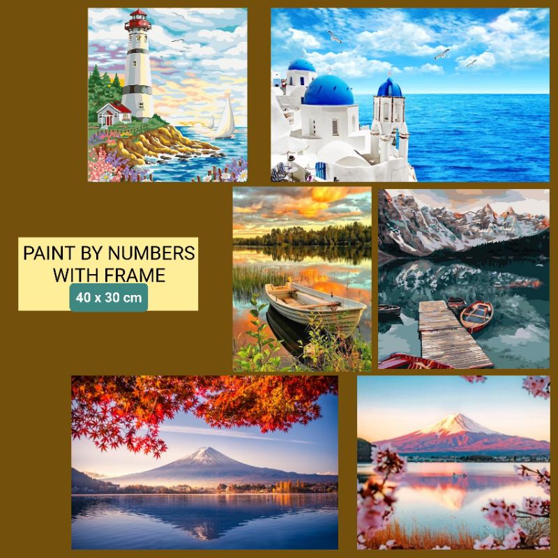 

Paint by number painting kit WITH FRAME 40x30 cm lukisan pemandangan scenery Mount Fuji Japan Moraine Lake Canada Santorini Greece