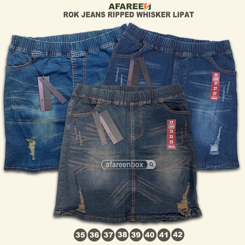 AFAREEN - Rok Mini Jeans Wanita Jumbo Rok Pendek Jeans Melar Pinggang Karet Skrit Korean Big Size 35-42