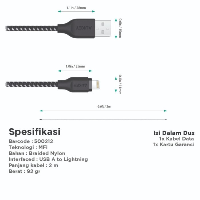 Aukey Kabel Charger USB Type A to Lightning PD MFI 2M Nylon - CB-AL2