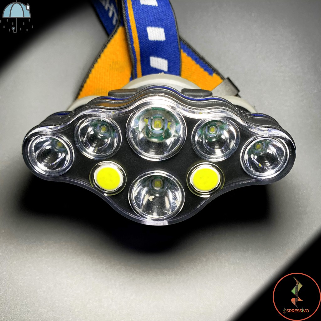 LED Headlamp 8 LED 8 Mode Baterai 2x18650 USB Recharge Tahan Air