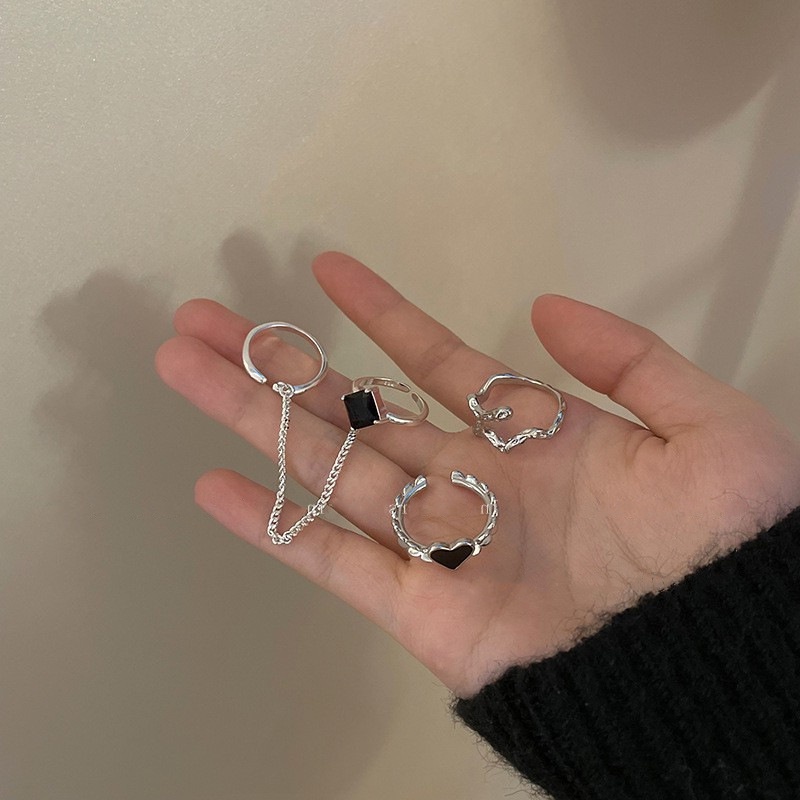 YEEZII Set Cincin Rantai Berlian Permata Hitam Model Terbuka Dapat Disesuaikan Gaya Retro Untuk Wanita