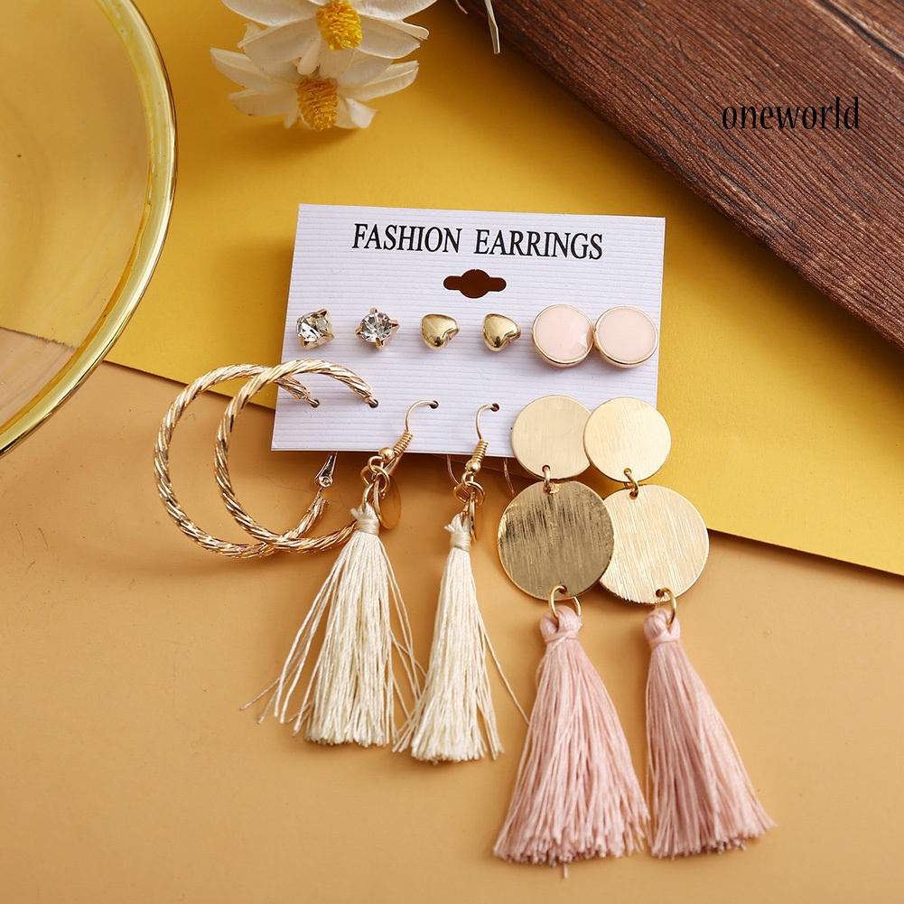 OW@ 6Pcs/Set Bohemia Women Tassel Hook Earrings Ear Stud Set Jewelry Accessories