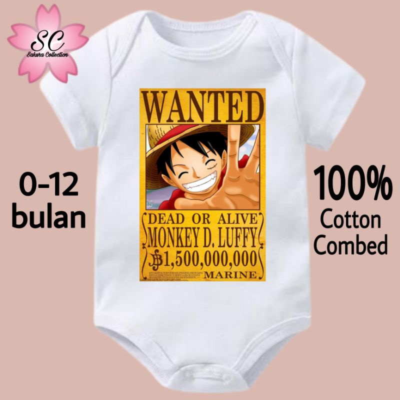 Kaos baju bayi jumper baby kids pendek Anime ONE PIECE Luffy wanted logo tulisan usia 0 1 2 3 4 5 6 7 8 9 10 11 12 bulan sampai umur 1 tahun adem jumpsuit babysuit romper bodysuit jumpsuit little anak kecil hitam laki laki perempuan nyaman lembut