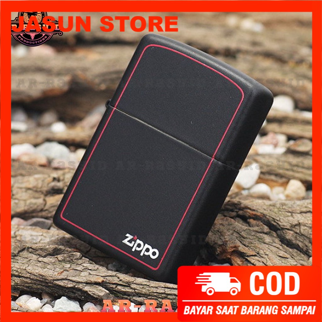 BISA COD! Korek Api Minyak Zippo Matte Black Paint Red Hitam List Merah 218 ZB