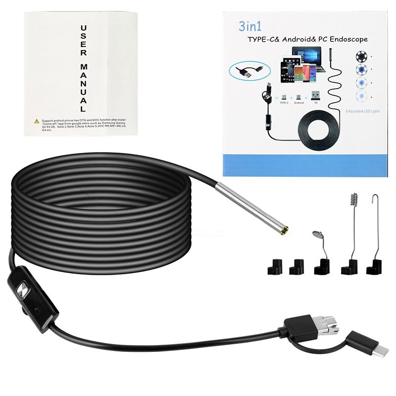 Soft Wire 3 in 1 720P Endoscope - 3.9mm Lens and IP67 Waterproof - 1M