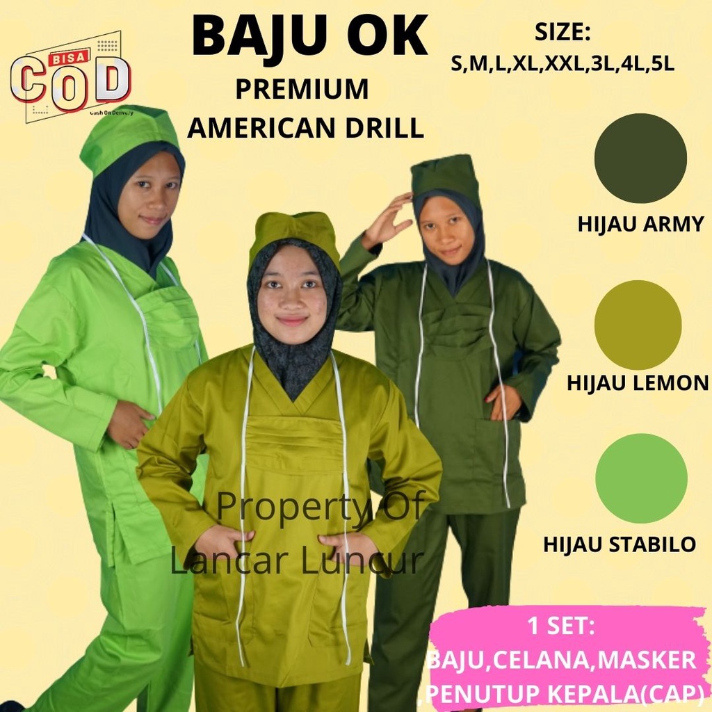 Baju Ok Lengan Pendek & Lengan Panjang | Bahan Americans Drill Premium | Warna hijau Lemon | Hijau A