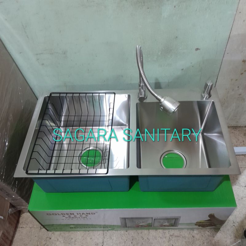 KITCHEN SINK 7541 GOLDEN HAND PREMIUM DUA LUBANG / BAK CUCI PIRING DUA LUBANG STAINLESS 75X41 CM