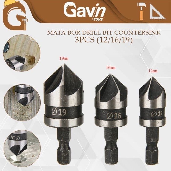 GOOD Countersink Mata Bor Set 3 Woodworking Drill Bit HSS 6.35mm 1/4&quot; Hex