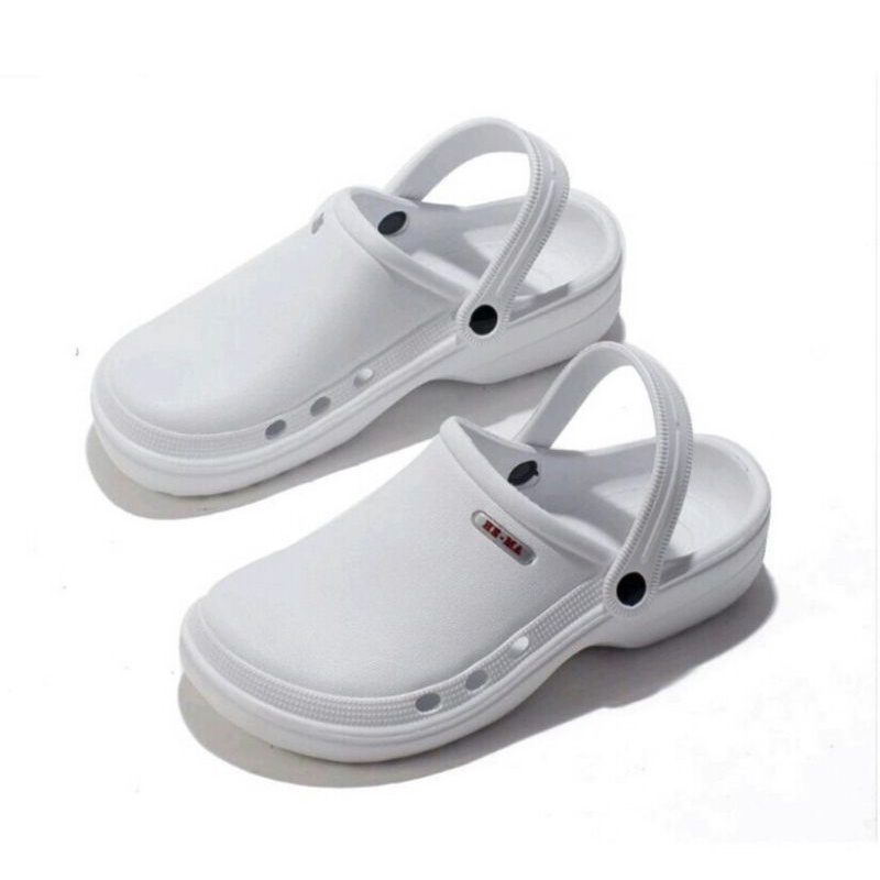 Sandal Kodok Putih Hema, Sandal Medis Dokter Perawat Model Crocs, Sandal Umroh Haji, Sandal Pabrik, Sandal Kamar Mandi Anti Slip