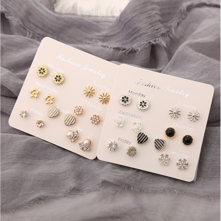 7 Pasang Anting Tindik Tusuk Set Satu Minggu Week Ins Gaya Korea Fashion Plug Earrings Korean Style