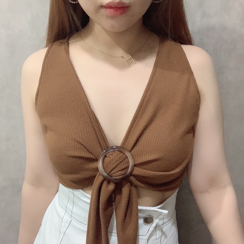 O Ring Crop Top | Atasan Wanita Sexy Vneck Korean Fashion | Maimon Grosir