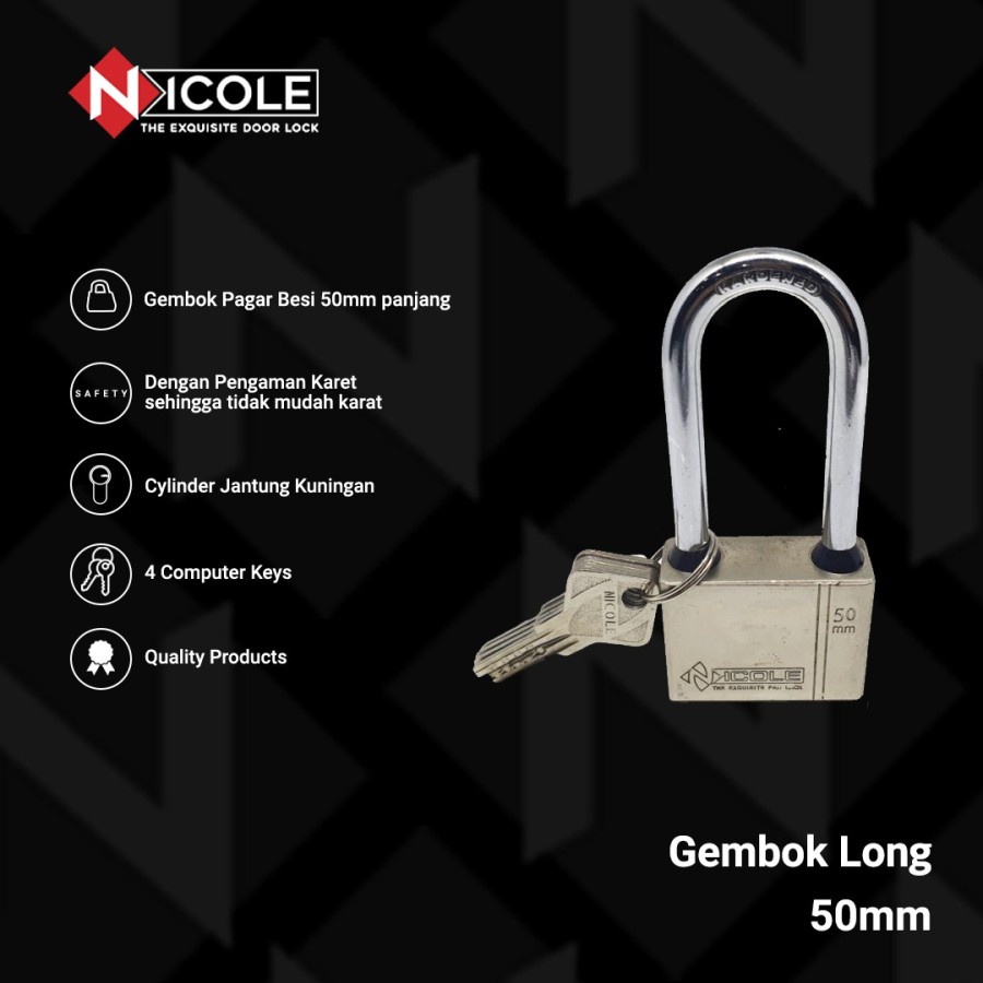 Nicole Gembok Pintu Rumah Besi / Gembok Pagar / Padlock Long 50mm Leher Panjang