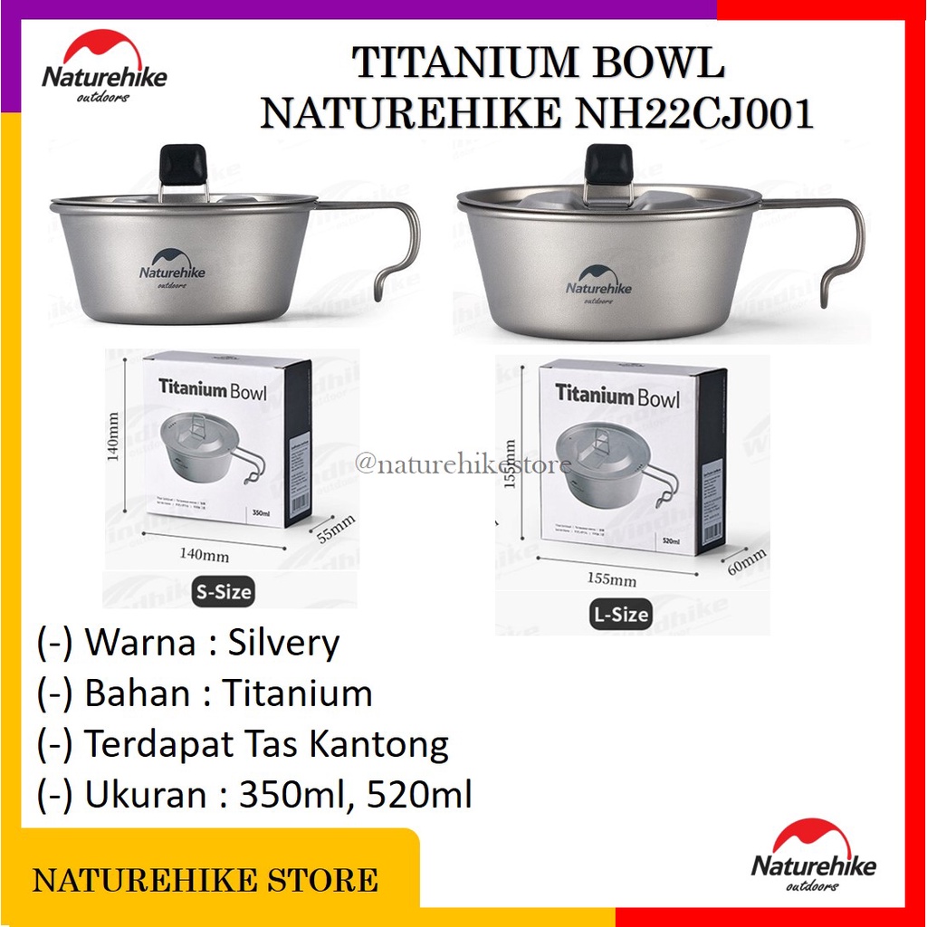 Titanium Bowl Naturehike NH22CJ001 Mangkuk Mangkok Makan Dengan Tutup Panci Alat Masak Camping Outdo
