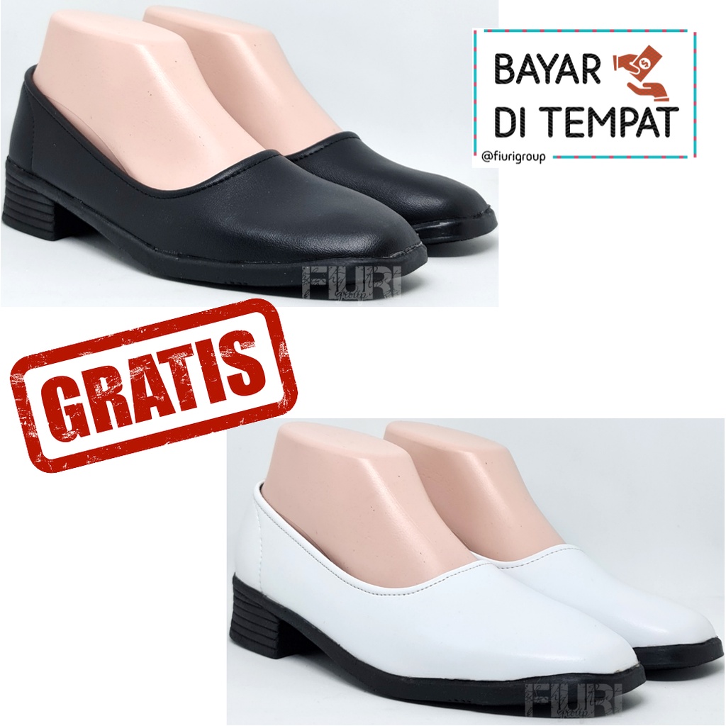 FIURI - Sepatu Pantofel Wanita Hitam Polos 36-42 Bonus Putih Polos Hak 3cm - Sepatu Sekolah Perawat Suster Bidan Paskib Hak Tahu 3 cm Upacara Paskibra - Sepatu Formal Perempuan SD SMP SMA Pelatihan Ospek Kerja Kantor Resmi Kulit Murah Promo Diskon