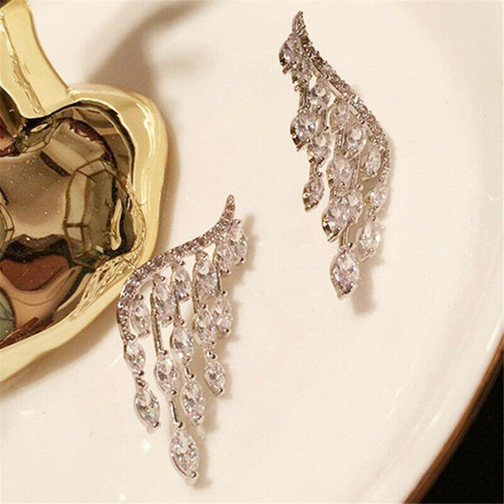 Preva Sayap Malaikat Anting Anting Wanita Kristal Stud Earrings Elegan Menjuntai Zirkon Klip Telinga