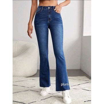 Celana Jeans Wanita HW Flared / Cutbray Jeans High Waist Whisker streach - DARK BLUE