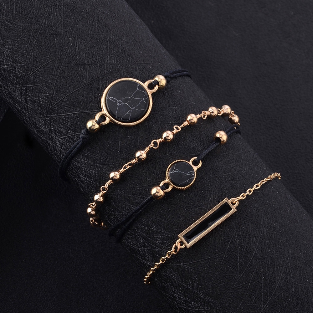 【TERSEDIA &amp; COD】[4 Pcs] Sederhana Hitam Bohemian Persegi Lingkaran Geometri Rantai Gelang Set Hadiah Elegan