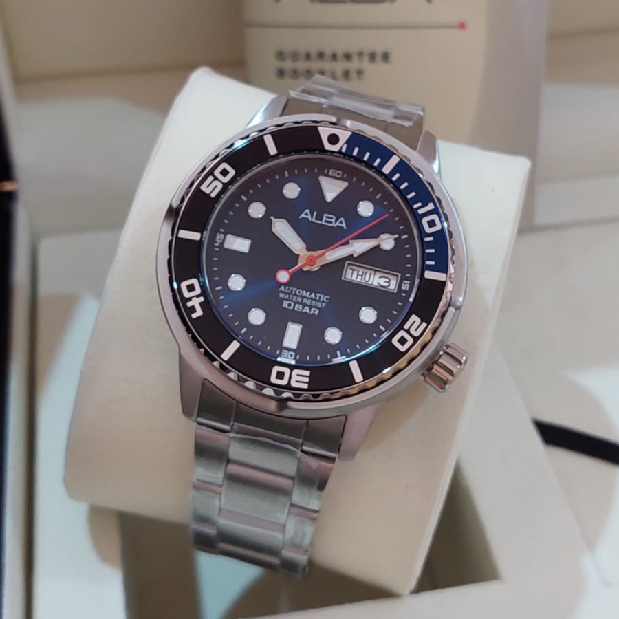 JAM TANGAN PRIA ALBA AL4245X1 AL4245 AUTOMATIC SILVER BLUE ORIGINAL
