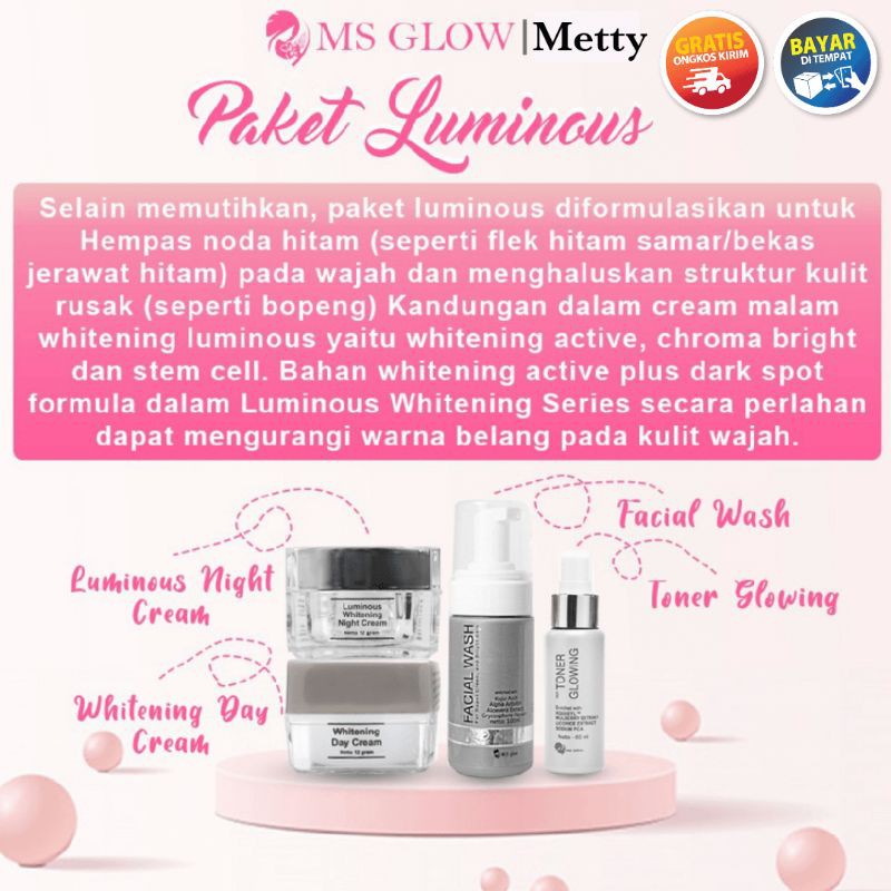 Ms Glow Original Paket Acne / Whitening / Ultimate / Luminous Seller Resmi Skincare BPOM Perawatan Pemutih Wajah Skin Care Manfaat Flek Noda Kusam Kerutan Jerawat Bruntusan Berminyak Cerah Glowing msglow Padang-Paket Luminous