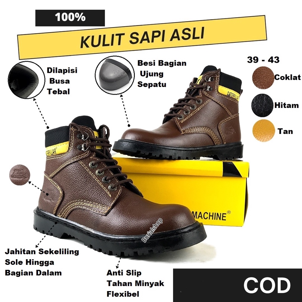 Sepatu Safety Pria Kulit Septi Tracking Ujung Besi Baja Proyek Kerja Lapangan Outdoor Motor Hiking