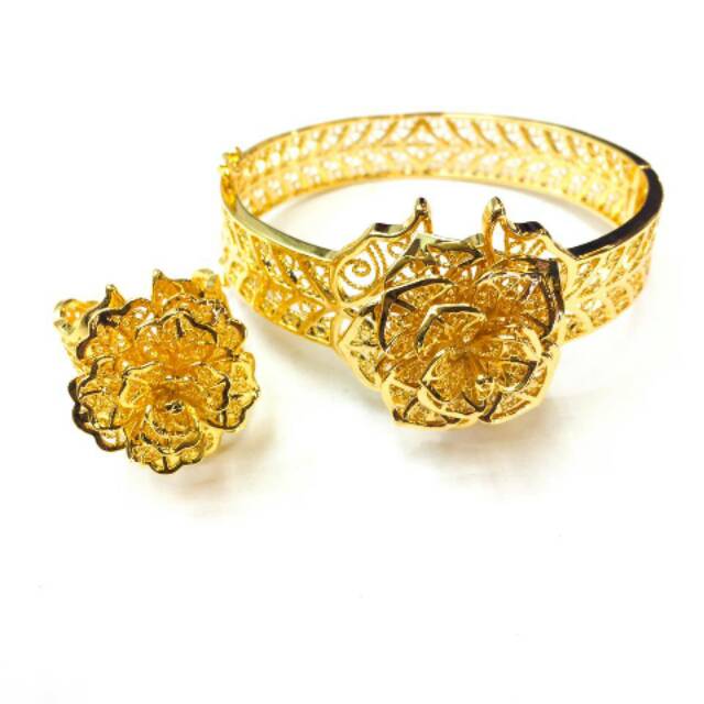 Set Gelang Cincin Kendari Dubai Bahan Rhodium disepuh Emas Mewah Murah