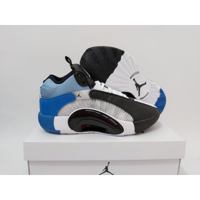 sepatu basket air Jordan 35 high  white black blue .